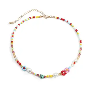Cute Flowers Choker Imitation Pearls Colorful Beaded Necklace Fashion Jewelry