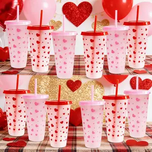 24oz Valentine Heart Cold Cup – Pink & Red Reusable Tumbler with Straw, Cute Romantic Design for Iced Drinks, Coffee & Tea; Perfect for Parties, Dates, Birthdays, New Year Gifts & Aesthetic Photos, Reusable Water Bottles