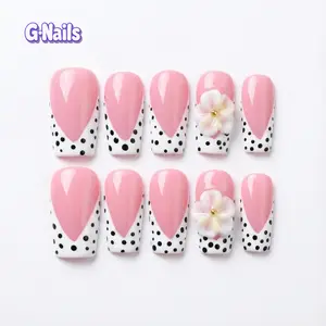 G Nails A68 Polka Dot French Press On Nails with Cream 3D White Flowers 10pcs Handmade Nails Reusablenail MediumSquare