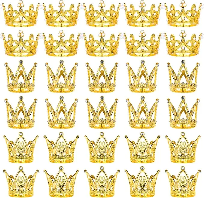 30 Pcs Crowns for Flower Bouquets Gold Crown Cake Topper Mini Crown for Flower Bouquet Accessories Birthday Crowns Cupcake Toppers for Bridal Wedding Baby Shower Mothers Day Party Cake Decor, 3 Style