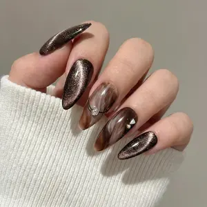 Long Stiletto Press on Nails, Dark Brown Cat Eye Glitter & Mocha Marble Stone Design, 3D Rhinestone Bow Tie & Geometric Stud Charms, Luxurious Autumn Stick on Fake Nails for Women, Reusable DIY Manicure Set
