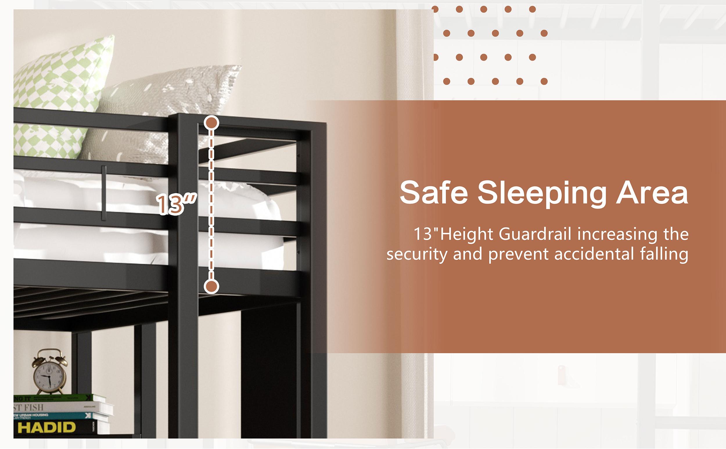 Walsunny  Bunk Bed Twin Over Twin Size with Desk and Charging Station L-Shaped Metal Bunk Bed with Storage Shelves Loft Beds with Safety Guardrail and Ladder for Teen,Black