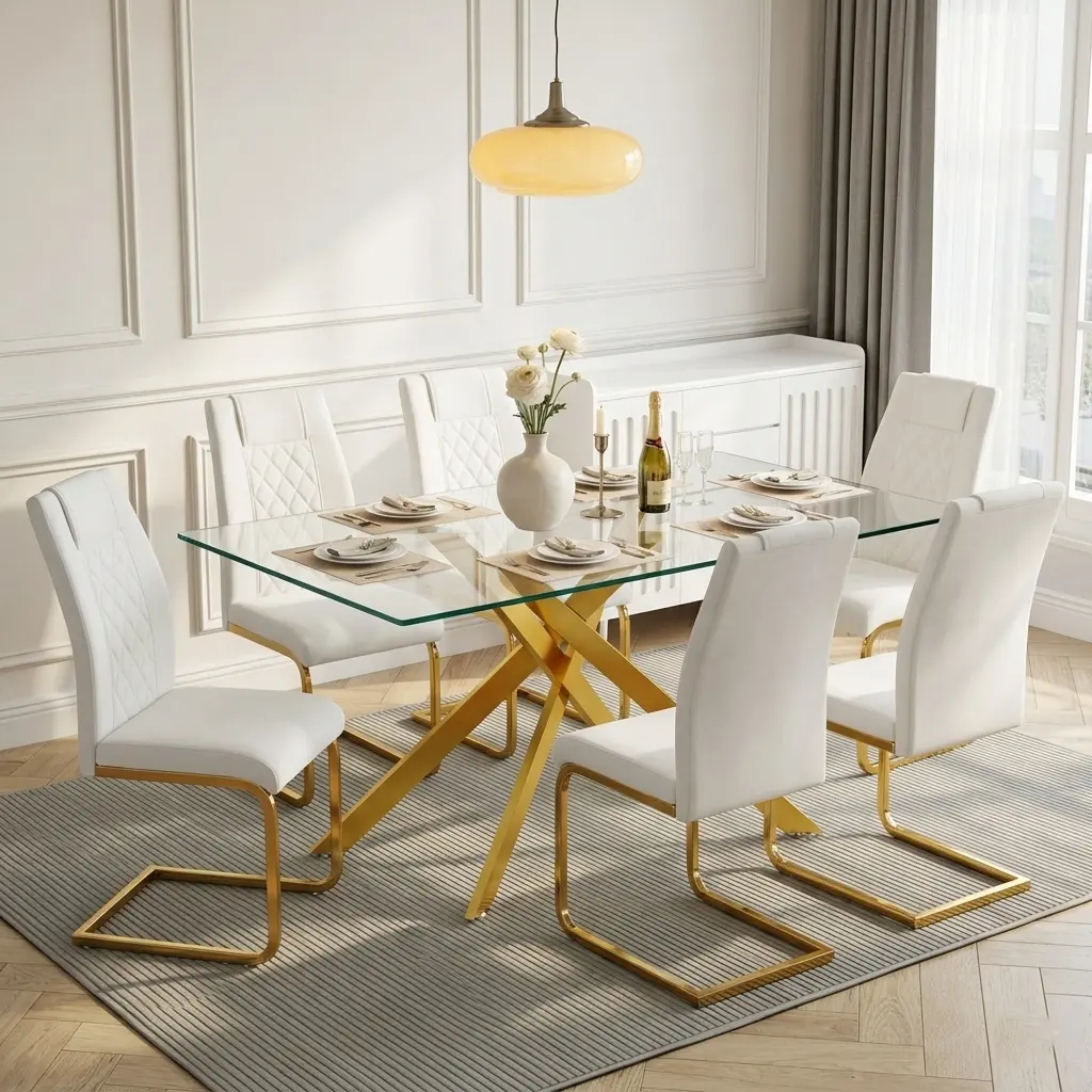 51" Rectangle Clear Tempered Glass Dining Table - Low-Maintenance Luxury, Modern Gold Cross Metal Legs, Adjustable Ft, Fits 4-6 People for Small Space/Dining Room, Dining Tables
