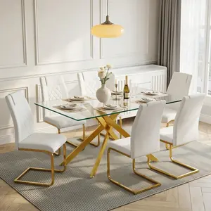 51" Rectangle Glass Dining Table for 4-6 People, Modern Gold Cross Metal Legs Kitchen Table,Clear Tempered Glass Kitchen Table with Adjustable Feet for Small Space/Dining Room