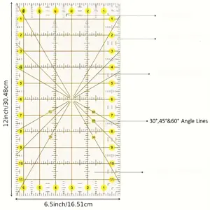 Acrylic Patchwork Ruler 6.5x12 Inches, Multi-Functional Sewing Measuring Tool, 30°/45°/60° Angle Lines, Best Gift for Quilters and Crafters