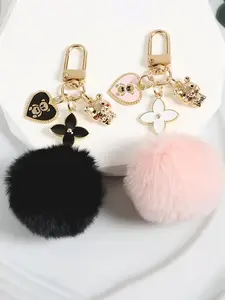Fashion Heart and Teddy Bear Charm Keychain with Faux Fur Pom Pom, Cute Soft Pompom Keychain, Metallic Finish, Fun Decorative Accessory
