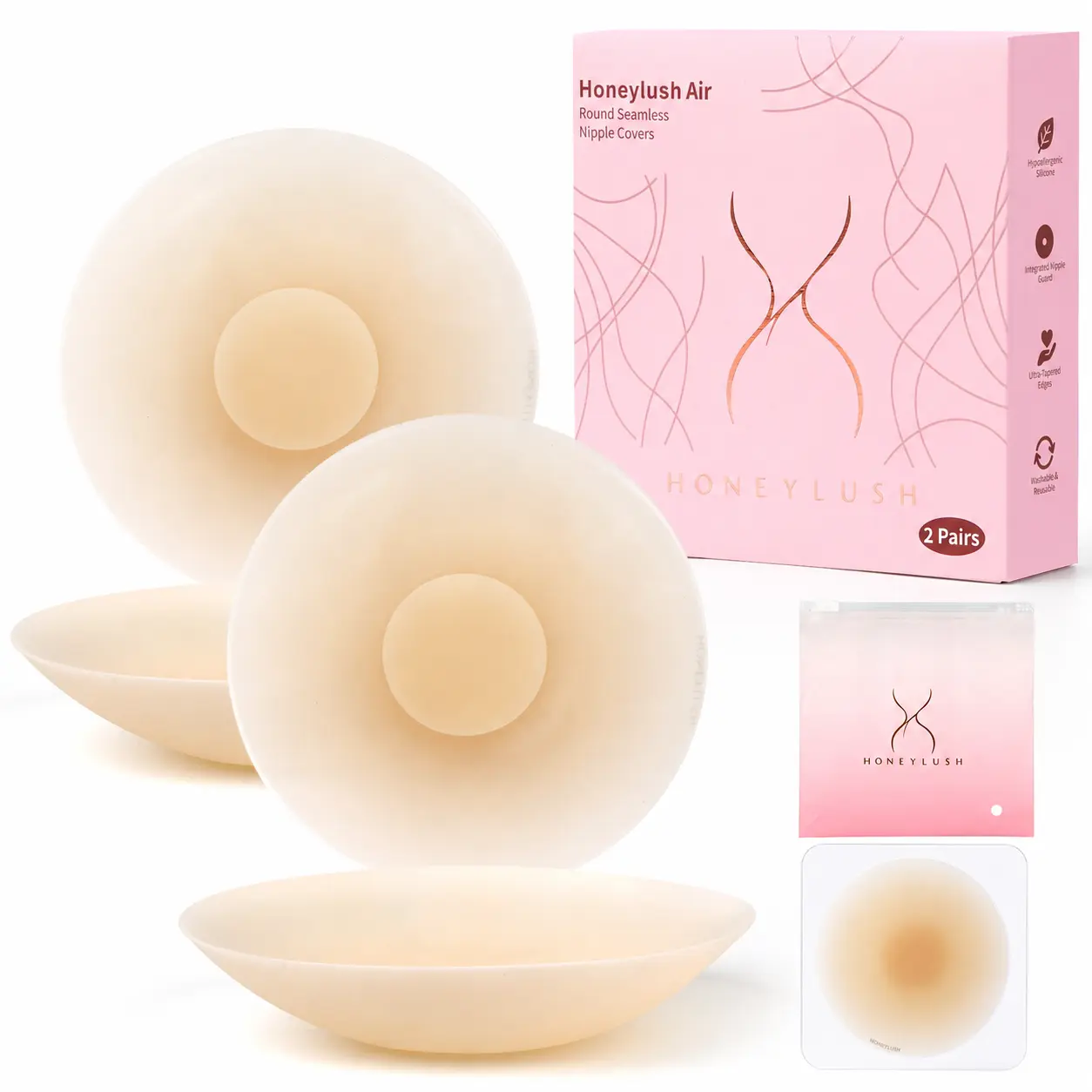 HoneyLush (2 Pairs) Ultra-Thin Silicone Nip Covers with Storage Case - Invisible Reusable Hypoallergenic Breast Pasties for Tight Clothing & Backless Dresses