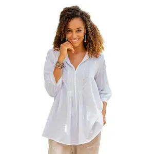 Novica Artisan Handmade Cotton Pintuck Beaded Blouse In White With Work Clothing Top And Tunics Solid India Travel Friendly 'Udaipur Lake In White'