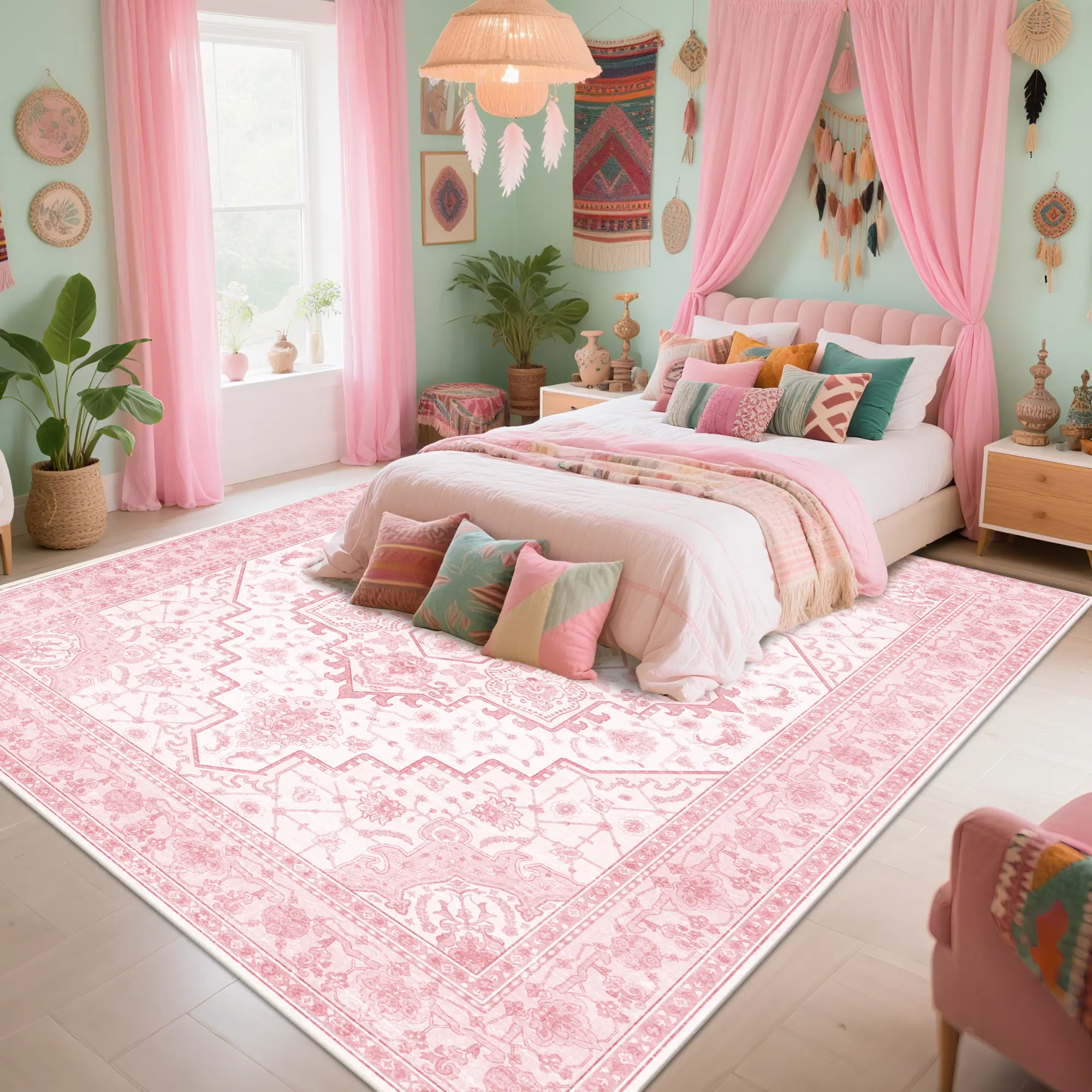 Washable Area Rug for Living Room & Bedroom, Large Soft Boho Vintage Rug, Non-Slip Abstract Floor Mat, Elegant Home Decor#Summervibes,back to school,dorm essentials,home essentials