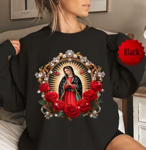 Women's Our Lady of Guadalupe Long Sleeve Sweatshirt - Breathable Comfortable Fabric, Virgin Mary Roses Flower Graphic, Mexican Catholic Faith Unisex Crewneck Pullover, Casual Religious Top