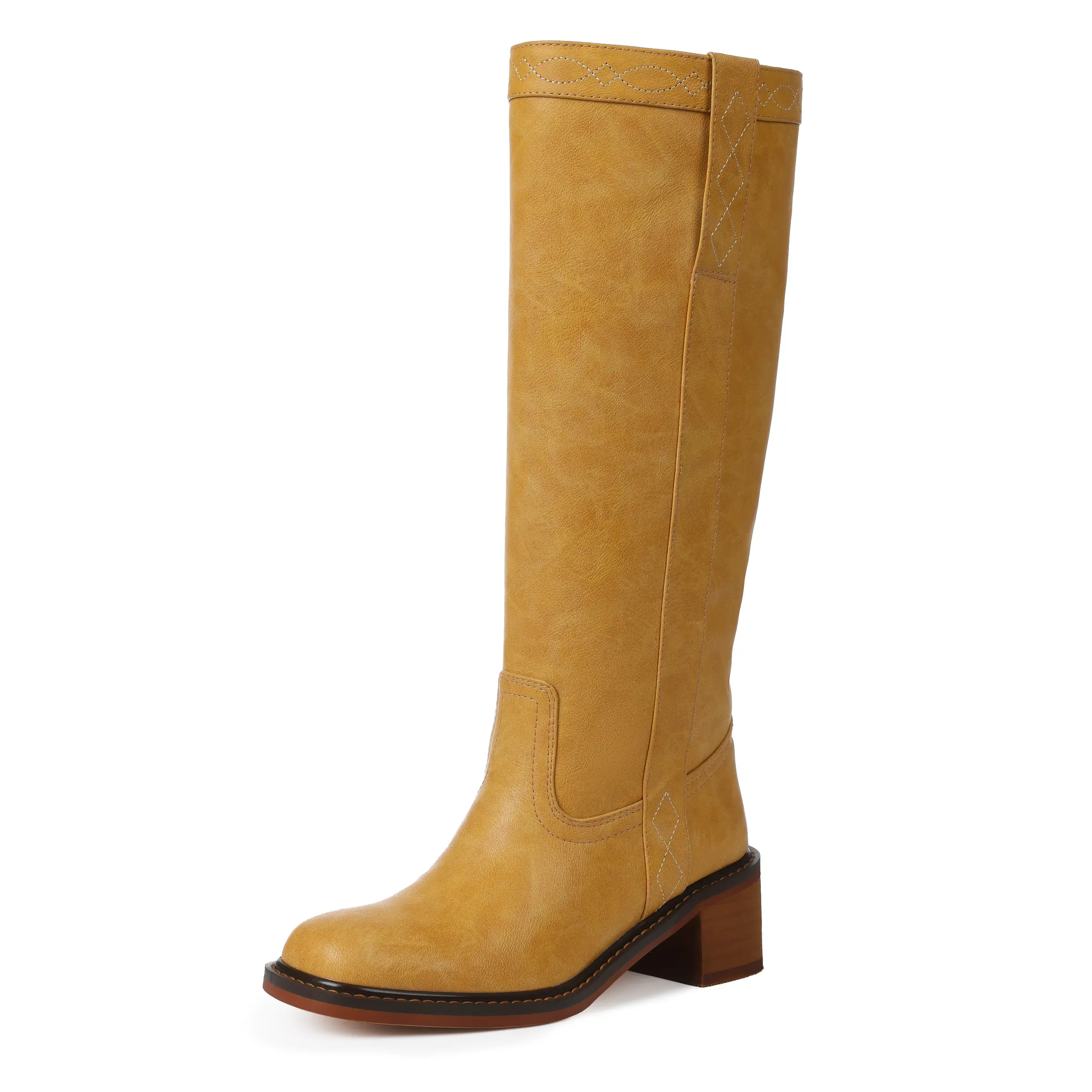 Women's Western Cowgirl Boots, Knee-High Statement Shoes with Diamond Stitch for a Cowboy Aesthetic, Wide Calf, Square Toe with Comfortable Block Heels for Western OOTD