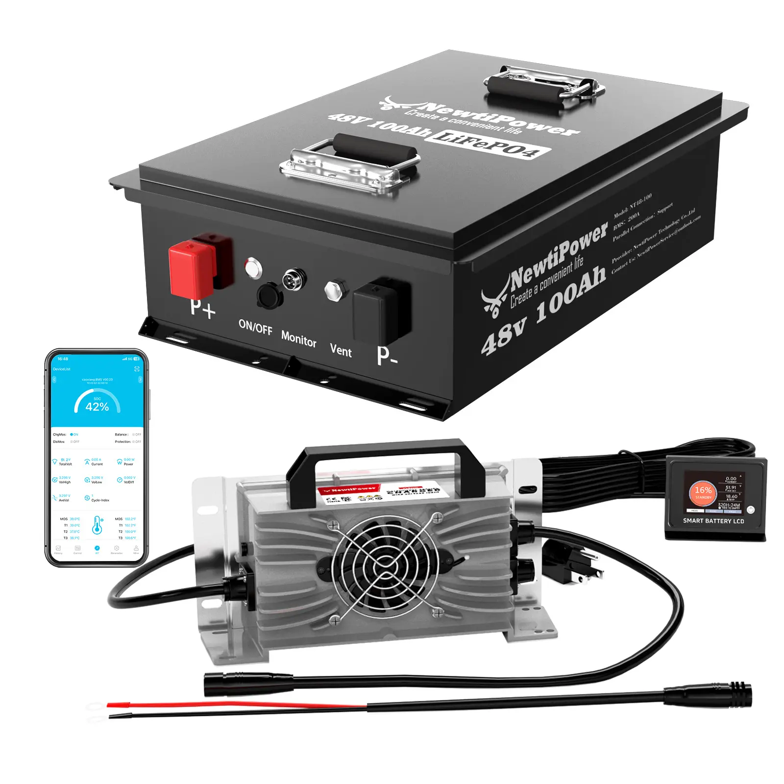 48V NT48-100GC Lithium Ion Metal LiFePO4 Batteries, 10000+ Cycles, App Monitor Compatible, for Marine RV Use & Rechargeable Power Back-up Systems