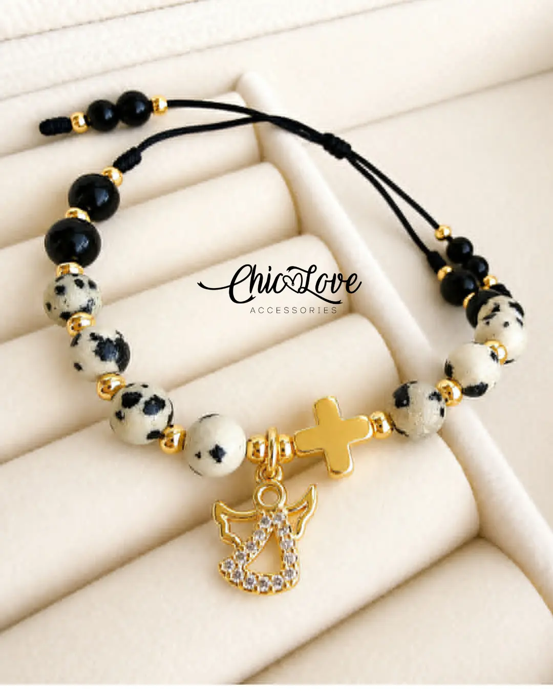 Guardian Angel Cross Bracelet, Onyx & Dalmatian Jasper Christian Faith Bracelet, Protection Gift for Women
