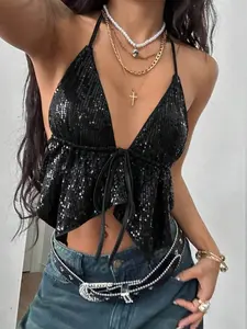 Women's V Neck Bow Tie Sequin Mini Dress, Elegant Party Wear, Summer Fashion, Casual & Stylish Design, Perfect for Special Occasions