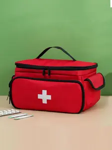Red First Aid Kit Bag, Portable Emergency Medical Storage Organizer with Cross Print, Multi-Pocket Large Capacity Medicine Bag, Lightweight Travel Medical Bag for Home, Outdoor, Camping, Car & Workplace