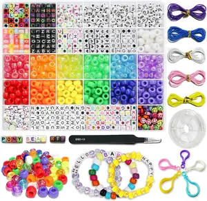 1300 Pcs DIY Childrens Crafts Beads Friendship Bracelet Kit, with Pony Beads Letter Beads and Elastic Cord, Colorful Charms, Used for Custom Necklace Bracelets and Jewelry Decor