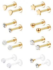 16 Pcs Tiny Golden Transparent Flat Back Piercing Jewelry Set for Women Men Hypoallergenic for Sensitive Skin Flexible Lip Labret Studs Cartilage Earrings with Cute Heart Star Shiny CZ Charms Stainless Steel Design for Helix Tragus Conch Labret Piercings
