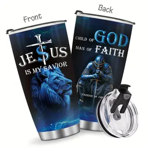 20oz Christian Warrior Tumbler, Jesus Is My Savior Lion Knight Stainless Steel Insulated Coffee Cup, Inspirational Faith-Based Tumbler for Men, Religious Gift