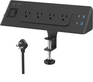 Desk Clamp Power Strip with USB C, Desk  Station with 4 Outlets 4 USB Ports, Desktop Mounted Power Strip Surge Protector, 6.5ft Flat Plug Extension Cord, Fit 1.9 inch Tabletop Edge, Black
