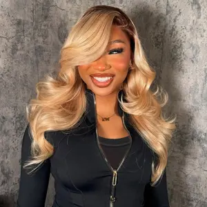 13X6 Lace Frontal Human Hair Wigs Brown Root Ash Blonde Colored Body Wave Hairstyle Transparent Lace 180% Density Ombre Ash Blonde Human Hair Wig For Women Pre-Plucked Long length 28 30 32 Inches
