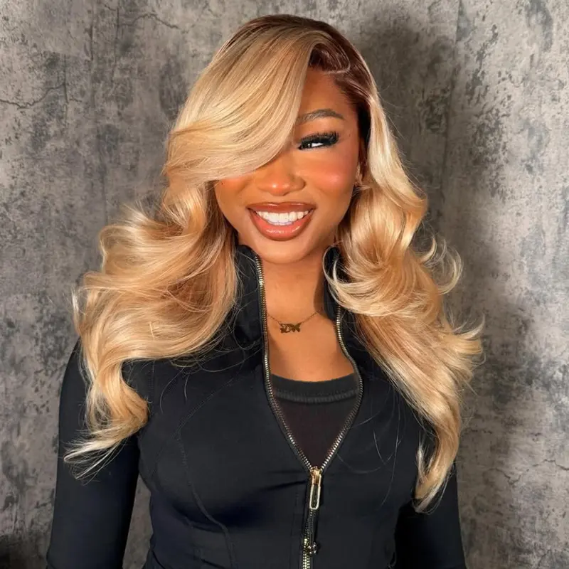 HANA HAIR Female 13X6 Transparent Lace Frontal Human Hair Wig, 180% Density Ombre Ash Blonde with Brown Root, Pre-Plucked, 28-32In Body Ombre Waves, Heat Resistant, Soft, Adjustable, Time-Saving Styling, Long-Wear Comfort