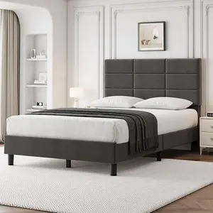 Grey Twin Bed Frame, Linen Upholstered Platform Twin Bed Frame with Height Adjustable Headboard, Metal Frame Twin Bed Frame with Strong Wood Slats and Support Legs, No Boxing Needed