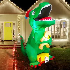 GOOSH 6.5 FT Christmas Inflatables Dinosaur Outdoor Decorations Blow Up Yard T Rex with Xmas Hat and LEDs