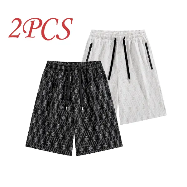 Men’s Summer Casual Shorts, Set of 2 – Diamond Quilted Knee-Length Cargo Shorts with Zipper Pockets