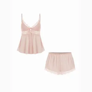 Cider Satin V-neck Lace Trim Cami Top & Mid Rise Lace Hem Shorts Loungewear Set