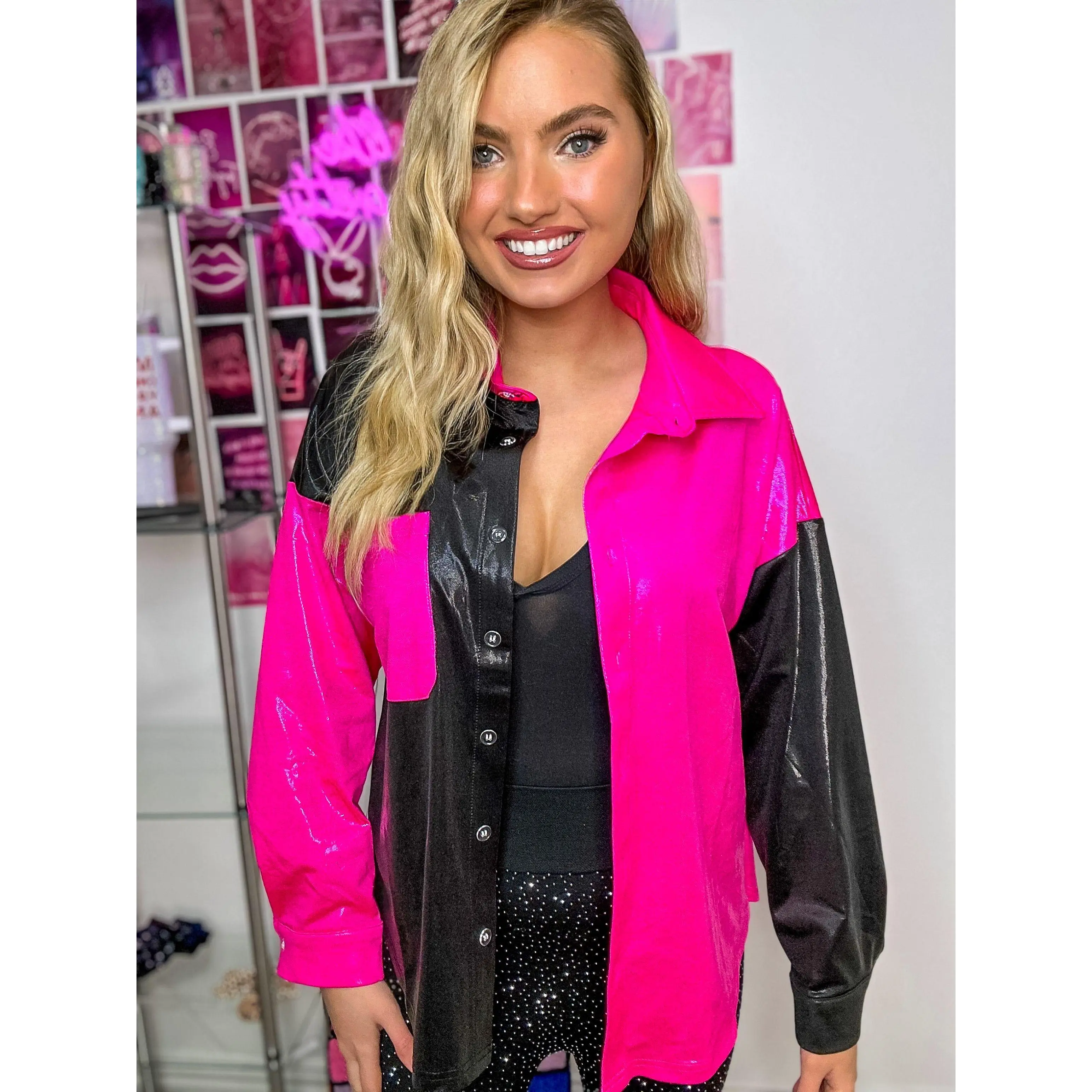 Spencer Let's Go Party Pebble Leather Button Up - Pink/ Black