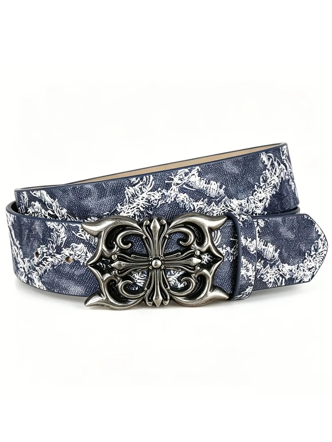 Men's Vintage Denim Belt with Silver Color Gothic Cross Buckle, Distressed Blue Jeans Belt with Lace Print, Y2K Punk Fashion Accessory