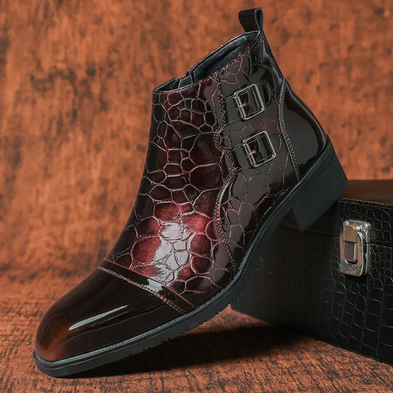 Men’s PU Leather Waterproof Double-Buckle Square-Toe High-Top Dress Boots - Side Zipper, Chic Look, All-Season Gentlemen’s Business Footwear