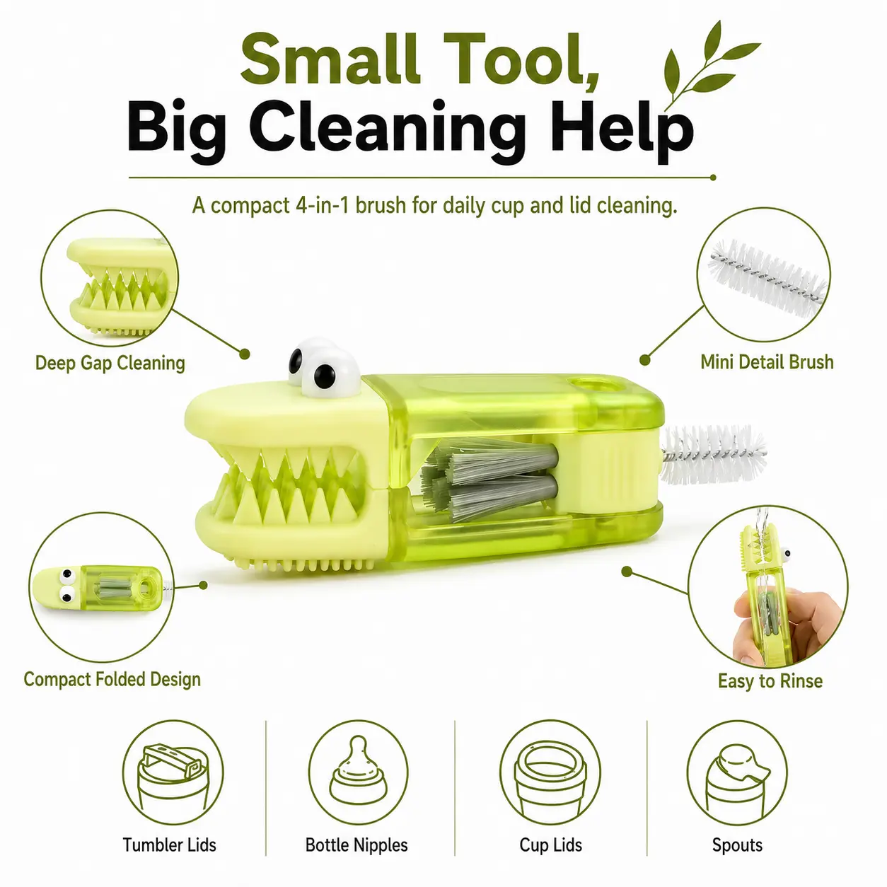 4 in 1 Cup Lid Cleaning Brush, Multifunctional Tumbler Lid Brush Set, Cute Crocodile Gap Cleaner for Bottles, Lids, Straws & Spouts