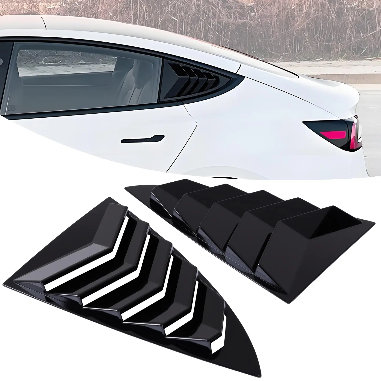 Gloss Black Rear Window Louver Cover for 2017-2025 Tesla Model 3, Self-Adhesive Car Window Sunshades with Double Sided Tape, 2 Pcs Exterior Mods Windshield Sun Visor Shade, Louver Covers
