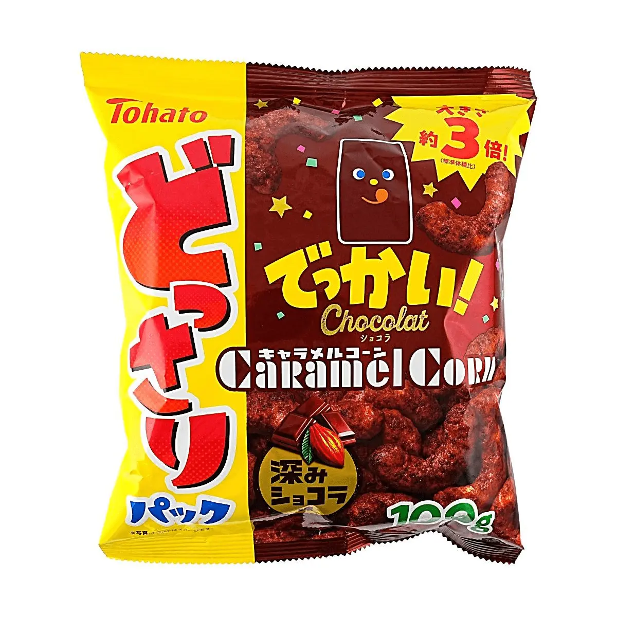 TOHATO Caramel Corn Big Puffs - Double Chocolate Flavor, 100g Snack Pack, Japanese Sweet Crispy Corn Puffs