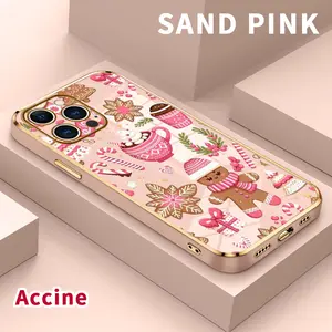Electroplated TPU Phone Case for iPhone 15 Pro Max 16 14 Plus 13 12 11 X XS Max XR Pink Christmas Delight Pattern Classic Straight Design Scratch Resistant Softcase