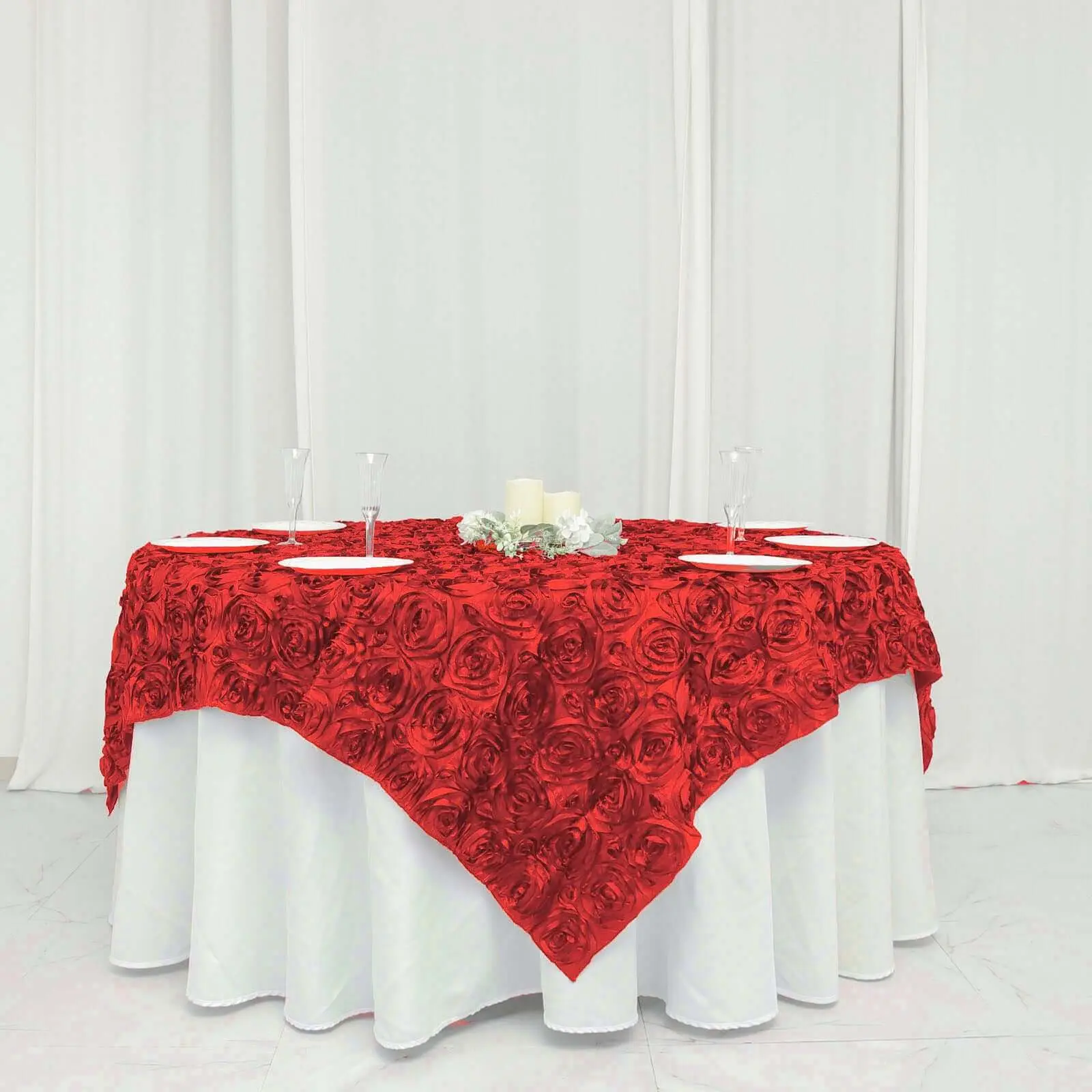 Red 72"x72" Rosette Satin Square Table Overlay, 3D Table Topper for Decoration, Wedding Centerpiece
