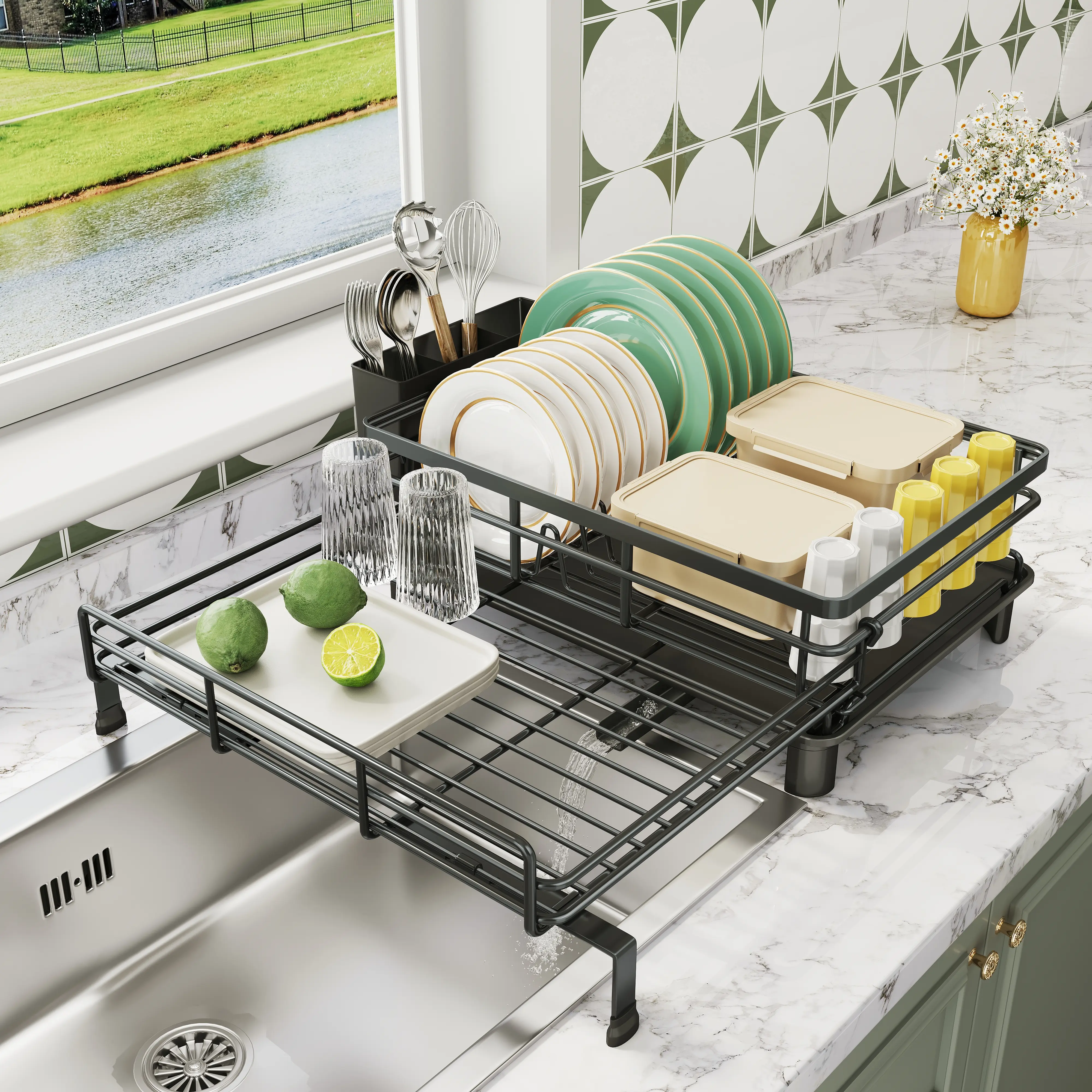 Upgraded Expandable Small Dish Drying Rack, Stainless Steel Dish Rack with Utensil Holder for Kitchen Counter & Large Sinks