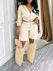 Women's PU Leather Jacket Set, Long Sleeve Hooded Coat & Short Pants, Casual Spring Fall, Fashionable Women's Clothing