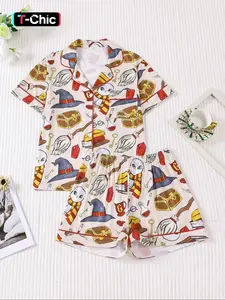 2 pieces of women's Halloween owl witch hat printed short sleeved shorts comfortable fitted lapel pajama set Pjs knitted top pocket elastic waistband suitable for all seasons casual classic Loungewear home wear Nightwear Summer