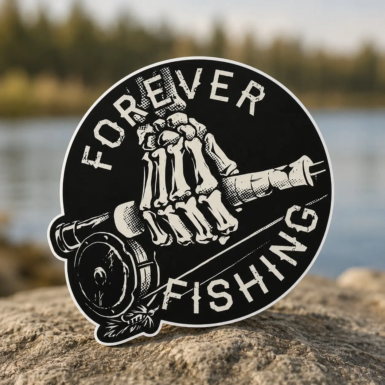 Angler Lifestyle Vinyl Sticker, Skeleton Hand Holding Fishing Rod, Waterproof Die Cut Boat Tackle Box Phone Car Decal