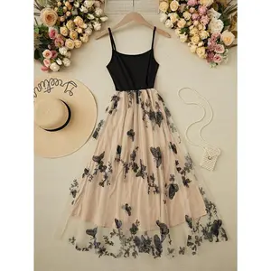 Women’s Butterfly & Flower Embroidered Contrast Mesh Panel Spaghetti Strap Maxi Camisole Dress for Vacation/Beach Outfits