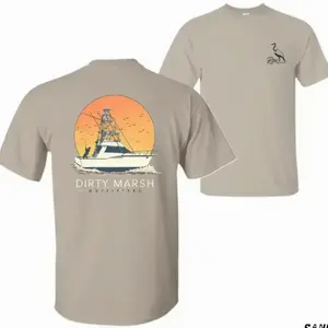 Dirty Marsh Outfitters T-Shirt, Sand Color Offshore Fishing Boat Tee with Sunset Graphic, Coastal Angler Shirt for Saltwater Fishermen & Ocean Lifestyle Lovers - KitchenEra DZC