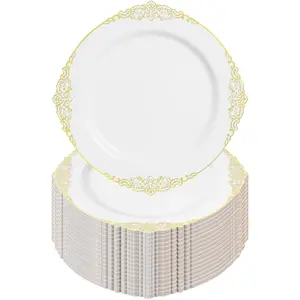 100PCS White and Gold Plastic Plates – 10.25” Heavy Duty Disposable Dinner Plates & Party Plates for Weddings, Parties, Events – Elegant, Sturdy