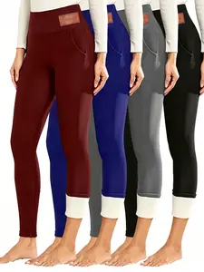 Women's High-Waisted Fleece-Lined Tummy Control Leggings, Black/Grey/Red/Blue- Winter Thermal, Side Pockets, Elastic Waistband, Machine Washable, Stretchy Comfort