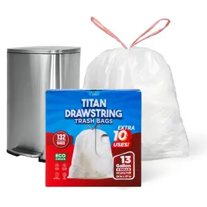 TP Plastic 13 Gallon Drawstring Trash Bags - 132 Count, White, Unscented | Tall Kitchen Garbage Bags, Heavy-Duty & Leak-Proof Pack