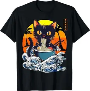 Funny Kawaii Cat Eating Ramen Noodles Japanese Art Anime T-Shirt