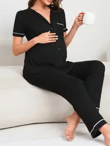 Maternity Pajama Set - Button Front Short Sleeve Loungewear for Sleep & Comfort