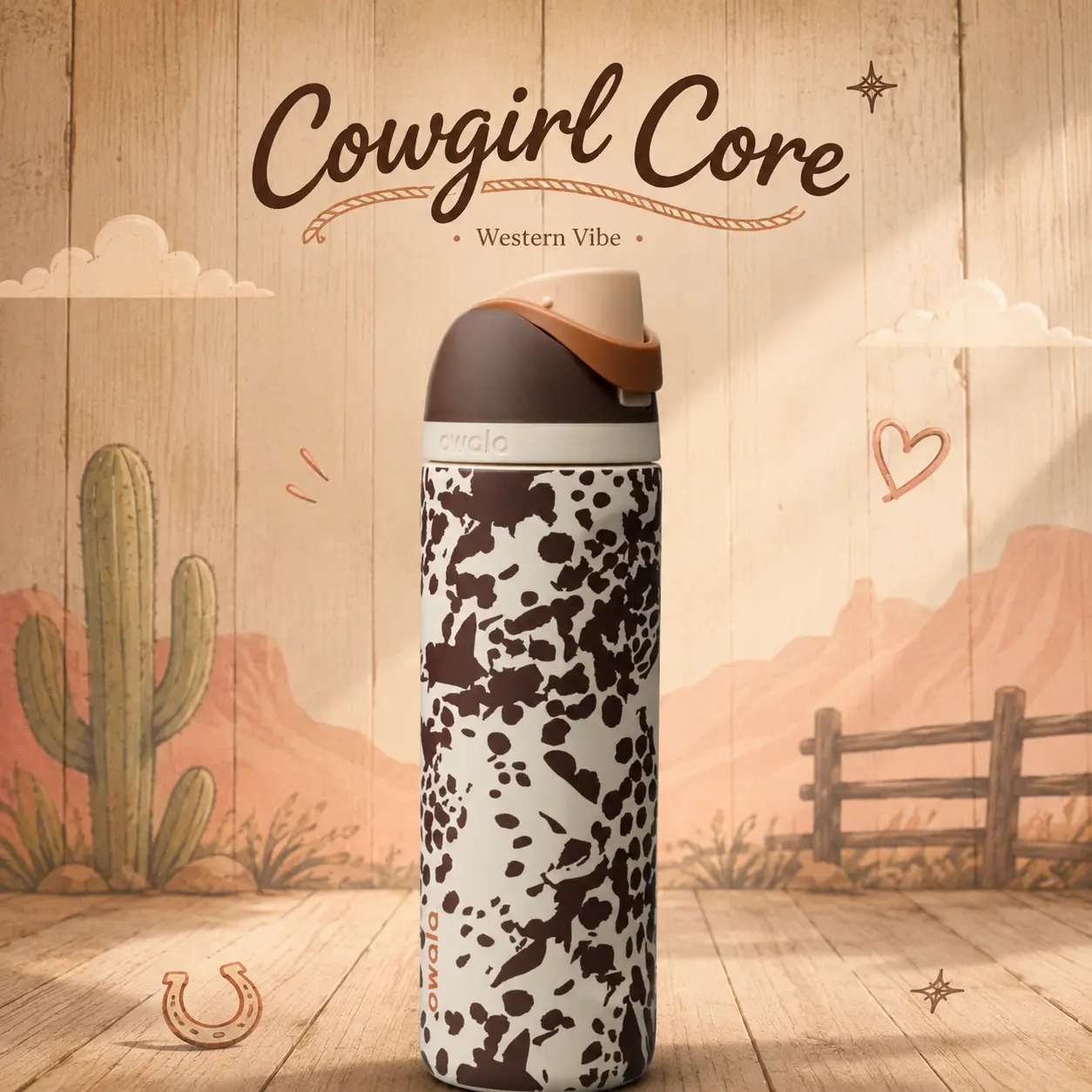 Owala FreeSip 32 oz Cowgirl Core Insulated Water Bottle – Cow Print Stainless Steel Bottle with Built-In Straw & Carry Loop