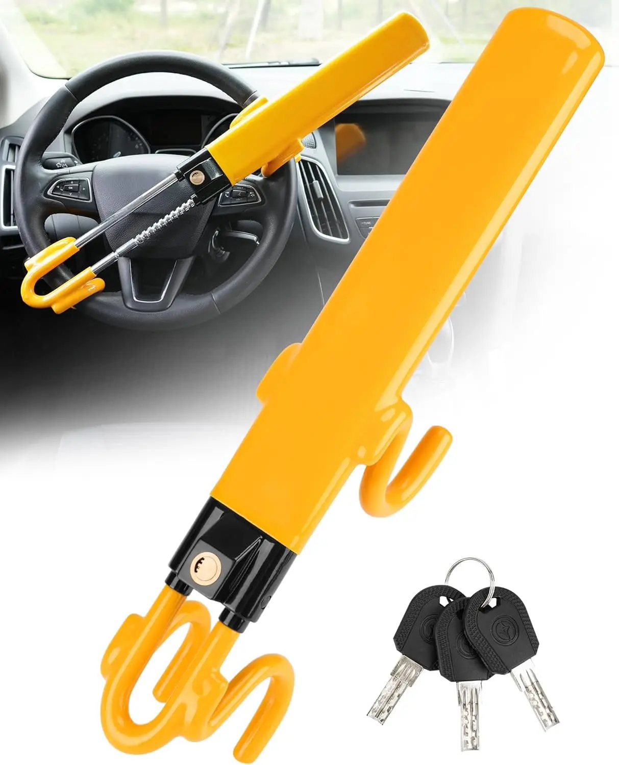 Steering Wheel Lock - Heavy Duty Antitheft Device and Car Security Lock with Adjustable Locking and 3 Keys - Great Vehicle and Truck Deterrent (Yellow)